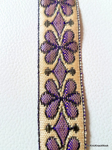 Purple And Beige Embroidered Fabric Trim, Jaquard Trim, Approx. 22mm wide